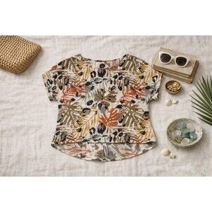 Tahari 100% Linen Botanical Print Top Coastal Button Back Short Sleeve Size XS